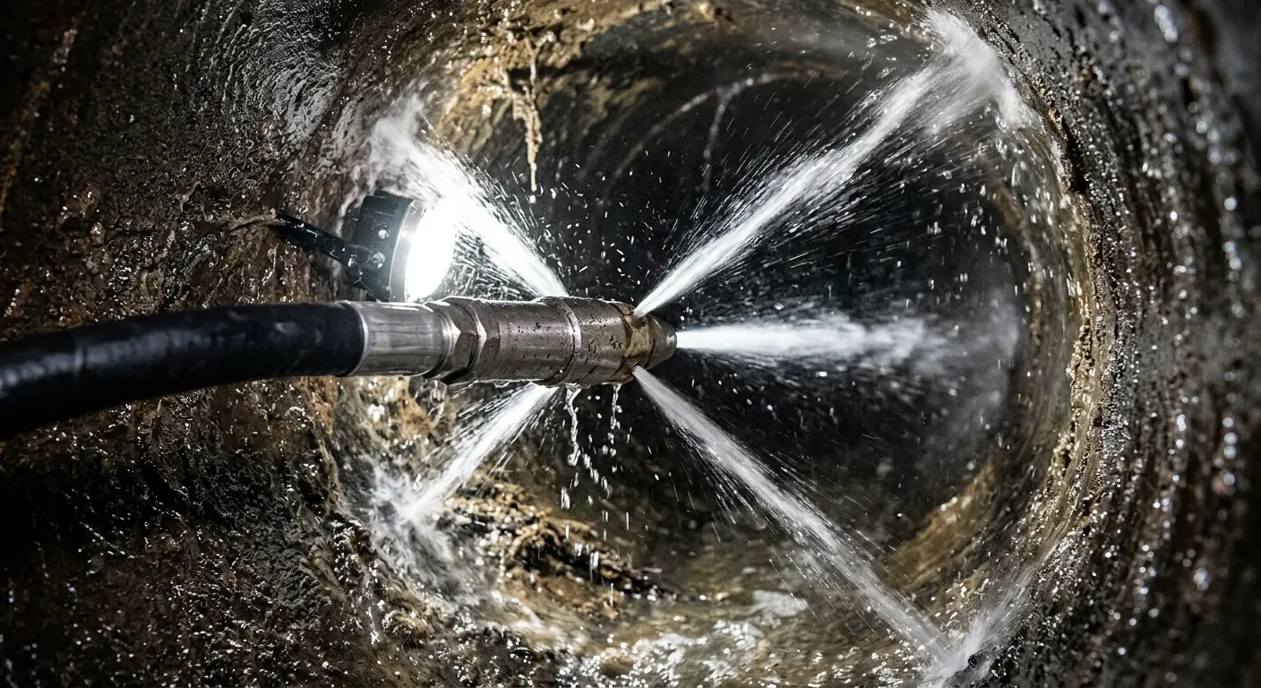High-pressure hydro jetting nozzle cleaning sewer pipe for Emergency Drain Service in Corsicana