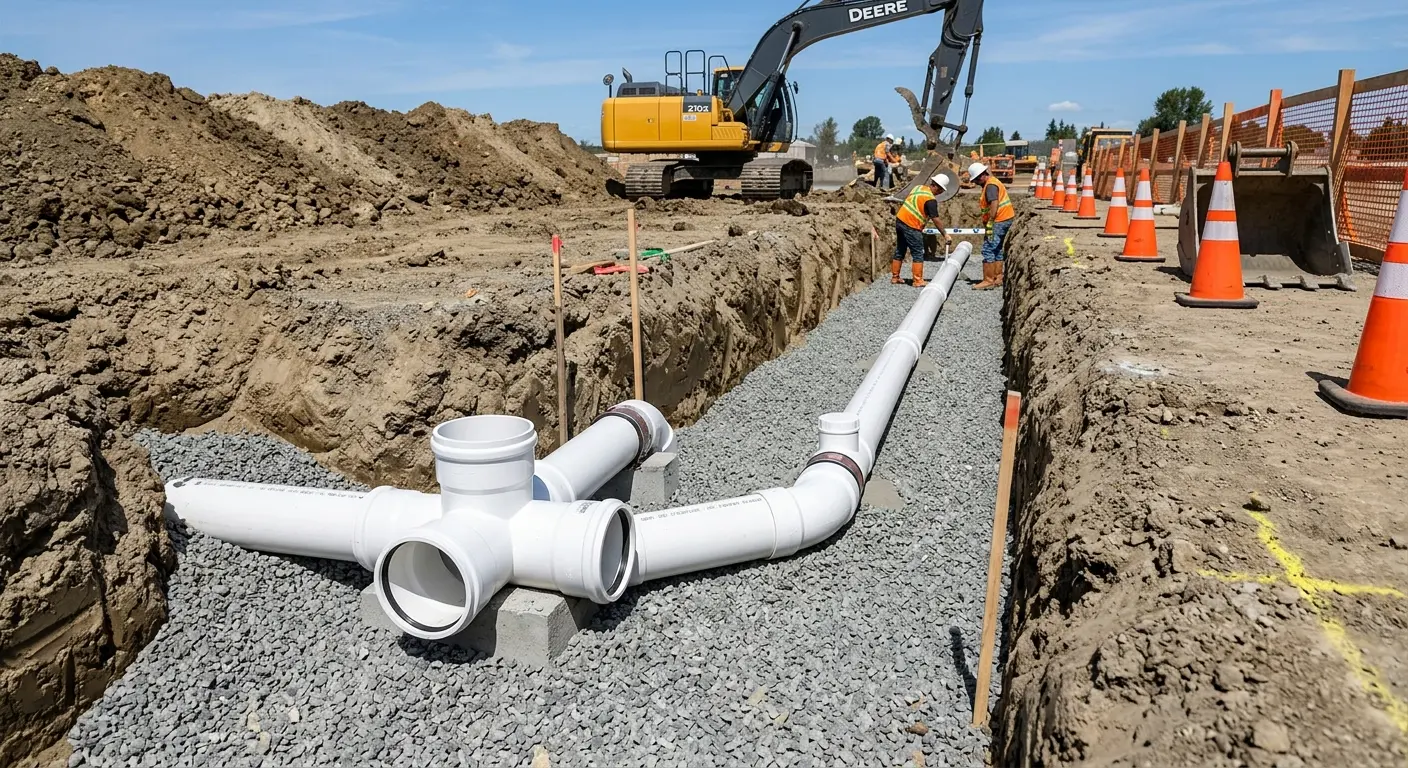 New PVC sewer pipe installation in open trench for Commercial Drain Cleaning in Corsicana