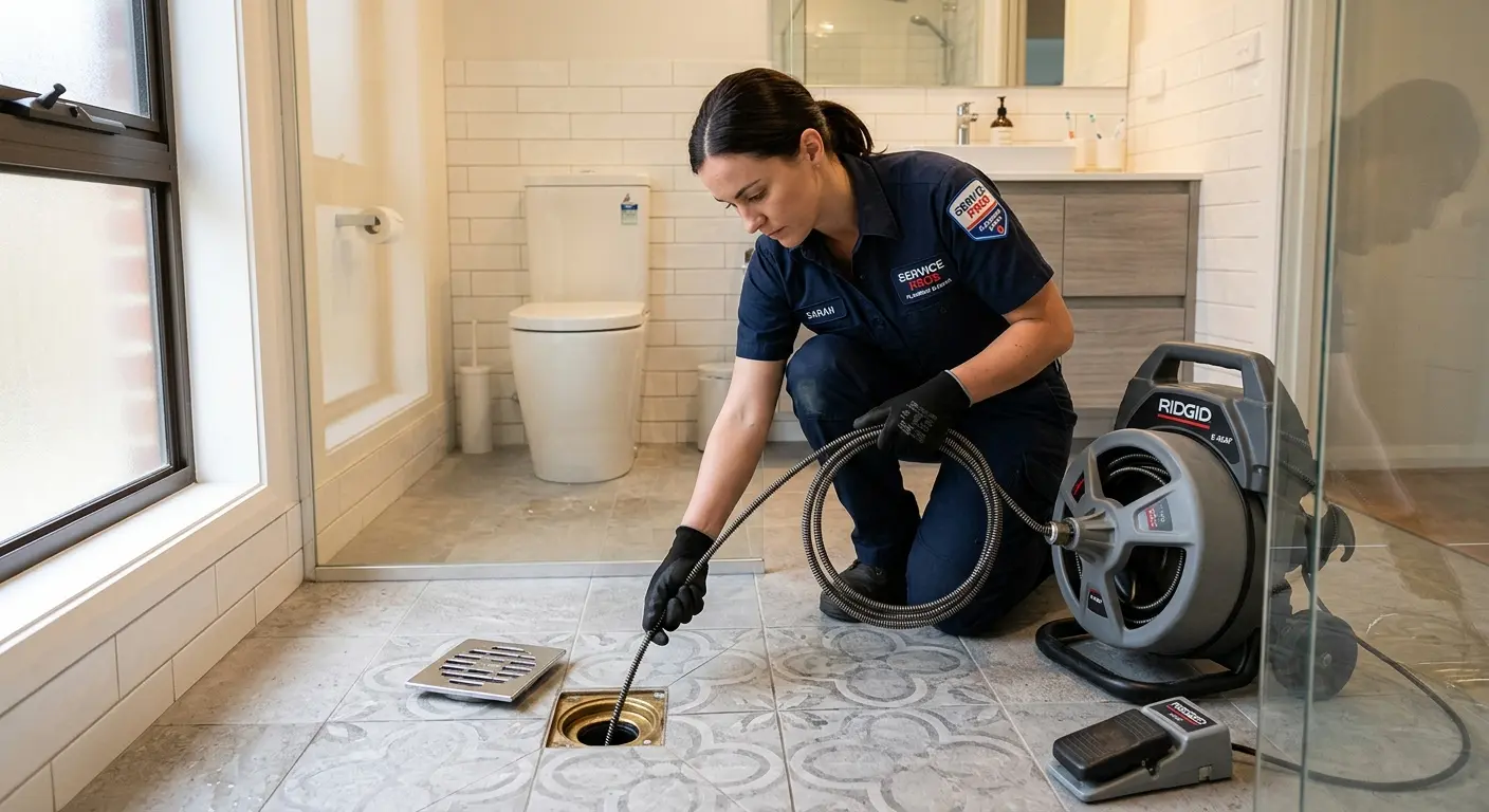 Technician clearing a bathroom floor drain for Clogged Drain Repair in Corsicana